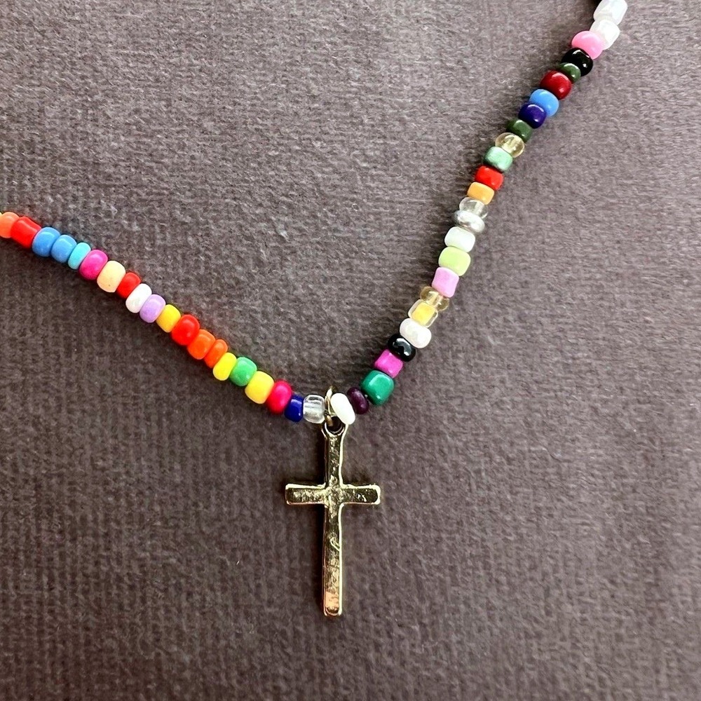 Colorful Seed Bead Necklace Gold Tone Cross Charm Adjustable Extender Boho Y2K